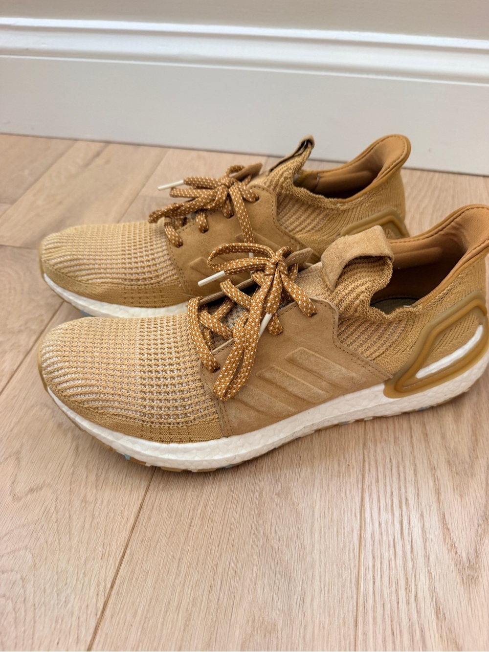 adidas Men’s Ultraboost Athletic Sneakers in Tan/Gold Knit